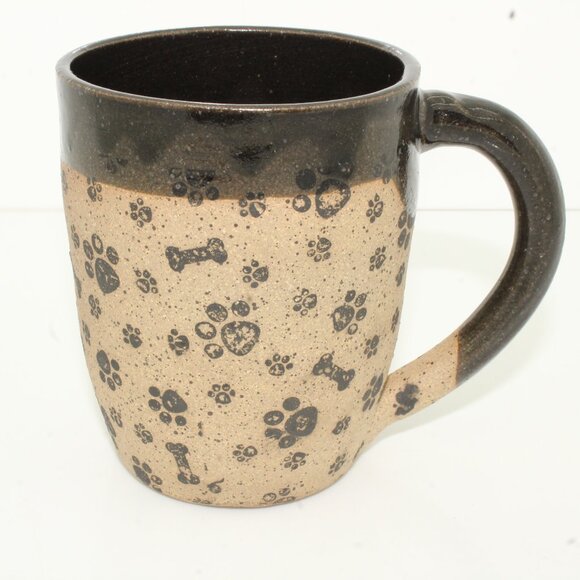 Dog Lovers Mug Dark Brown Tan Paw Print Bones Handmade Pottery Stoneware Mug Cup - Picture 3 of 8